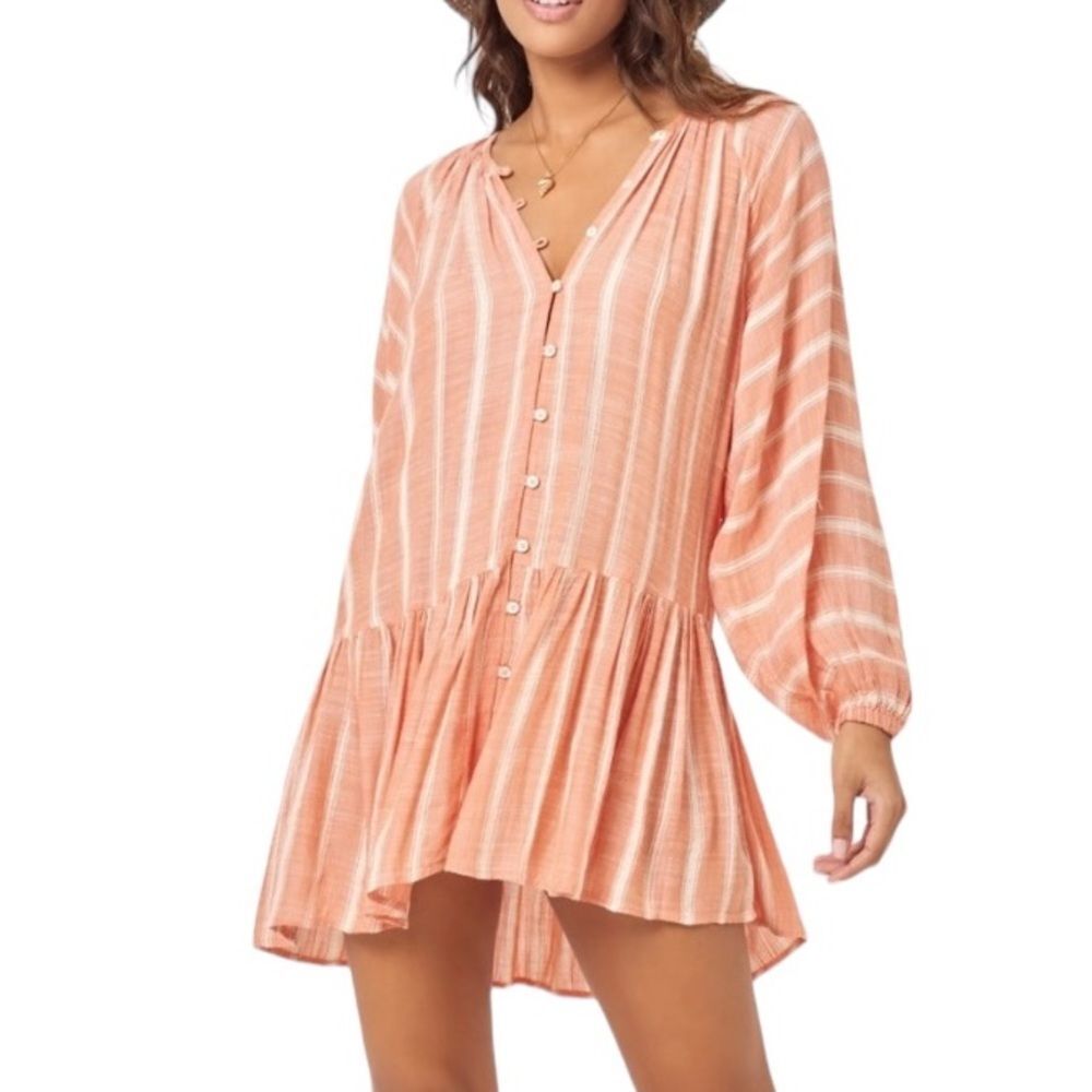 L*Space Vida Button Front Balloon Sleeve Ruffle Stripe Mini Dress Coverup  Clay